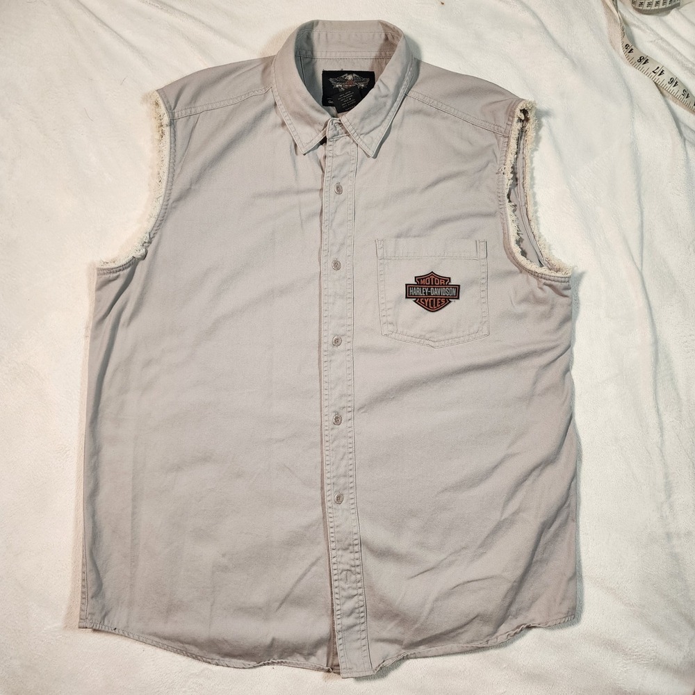 Harley-Davidson Mens XL Sleeveless Button Down Shirt Gray Cut Off Biker Logo